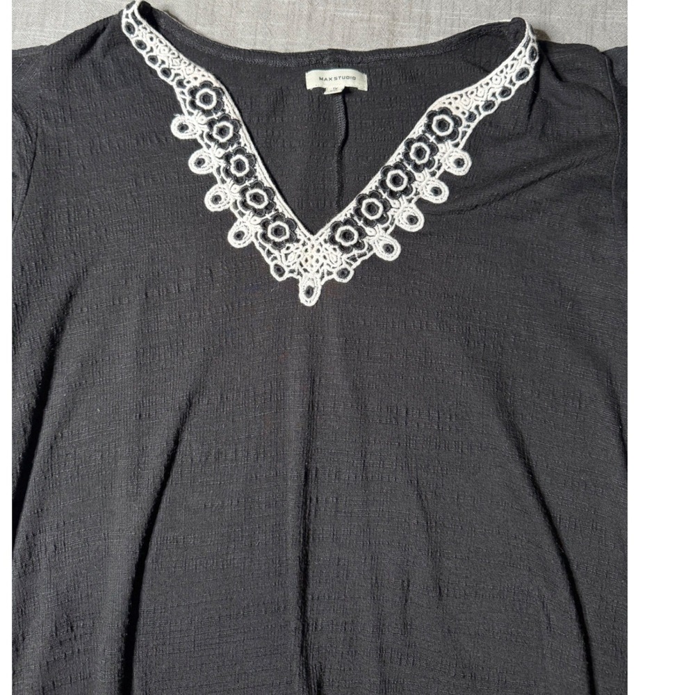 Max Studio Women Black V-Neck Crochet Lace Flutter Sleeve Shift Dress 1X - Picture 2 of 8